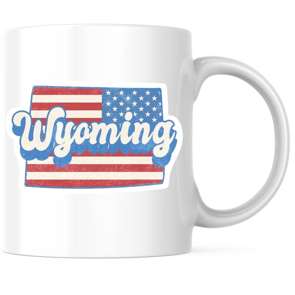 Wyoming State Outline Coffee Mug - WY State Shape with USA Flag - 11 Ounce Coffee Mug - White Interior & Handle - Choose Your State - Design Printed On Both Sides - Glossy Ceramic - BMCM01175