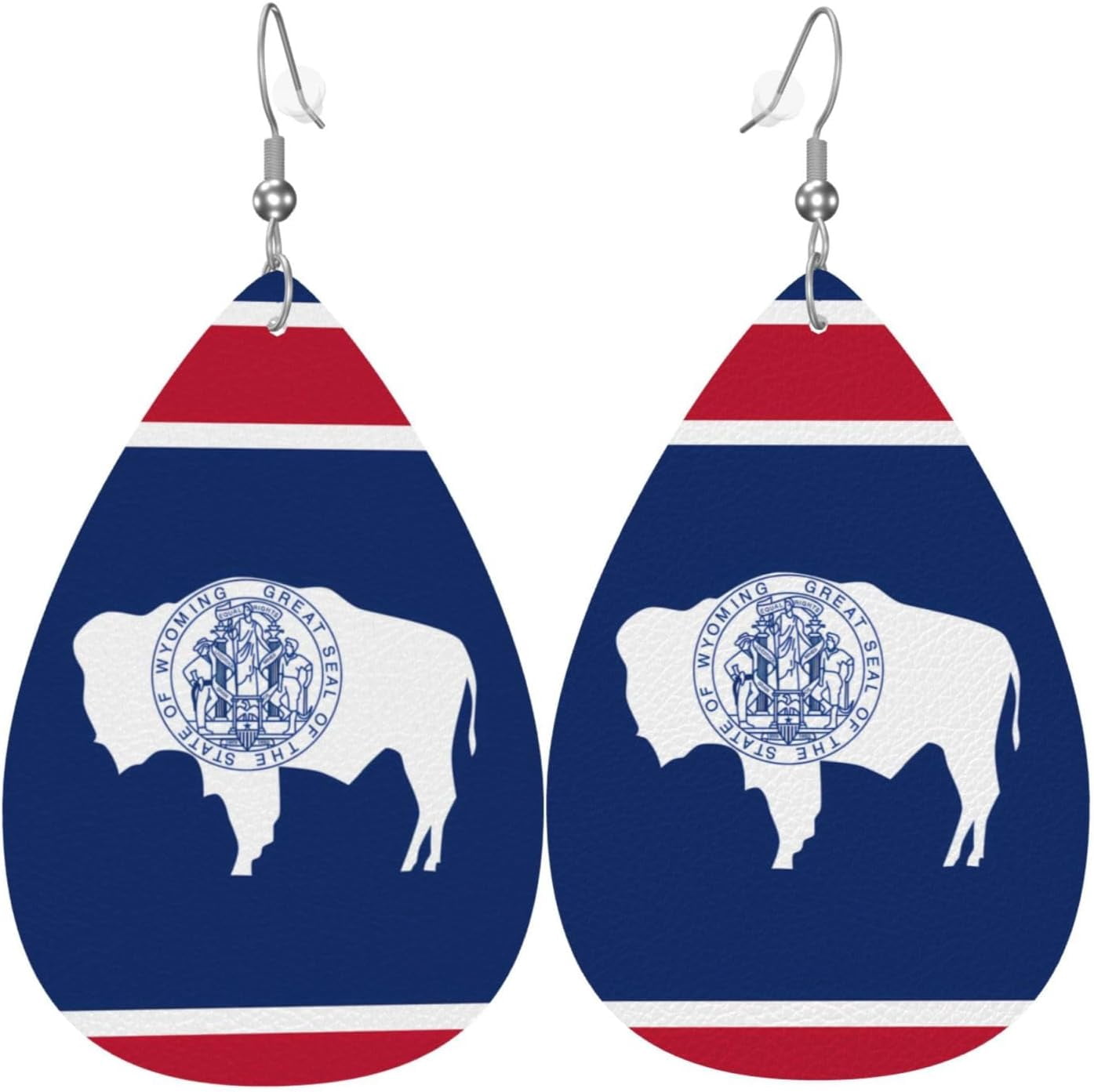 Wyoming State Professional Flag Women's Teardrop Leather Earrings, Hook 925 Silver Plated, Holiday Accessories[q654]