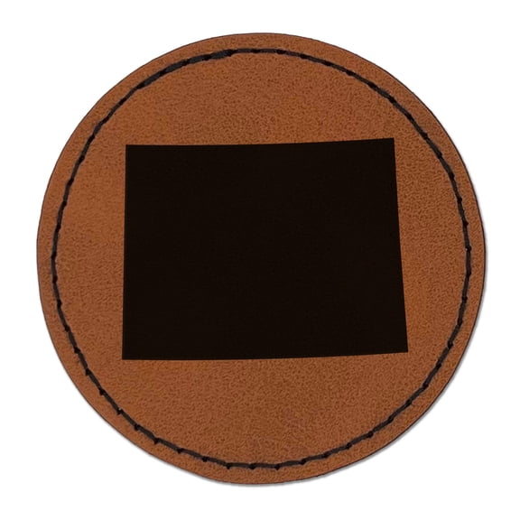Wyoming State Silhouette 2.5" Faux Leather Round Engraved Iron-On Patch - Brown