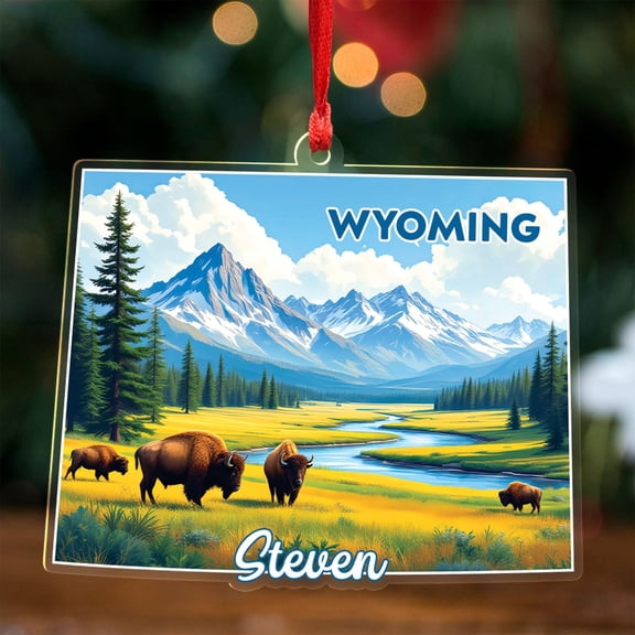 Wyoming State Themes and Landmarks Christmas Ornament 2025, Custom Wyoming Map Acrylic Ornament with Mountain Scene, Personalized US States Shaped Ornaments, State Map Souvenir Keepsake for Family