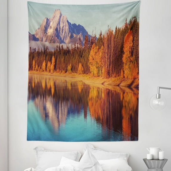 Wyoming Tapestry, Autumn Landscape of Grand Teton with Tangerine Tone Trees and Calm Lake, Fabric Wall Hanging Decor for Bedroom Living Room Dorm, 5 Sizes, Multicolor, by Ambesonne