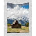 thumbnail image 1 of Wyoming Tapestry, Landscape of Old Rustic Wooden Cottage and Snowy Mountains with Fluffy Heavy Clouds, Wall Hanging for Bedroom Living Room Dorm Decor, 60"W X 80"L, Multicolor, by Ambesonne, 1 of 5