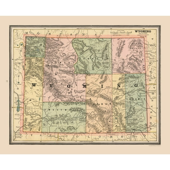 Historic State Map - Wyoming United States - Cram 1888 - 28.25 x 23 - Vintage Wall Art