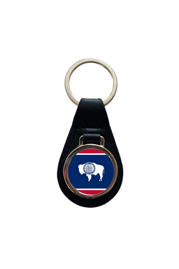 Wyoming WY State Flag Metal Black Leather Keychain