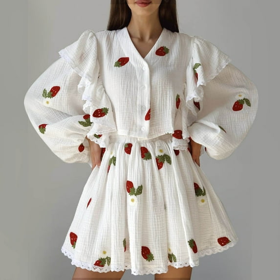 Wyongtao 2 Piece Casual Outfits Ruffled Strawberry Prin Long Sleeve Button Down Shirt and Skirt Lace Sweatsuit Sets,Pink S