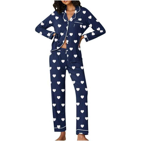 Wyongtao Button Up Pajama Set for Women Valentine's Day Long Sleeve Shirt and Pajama Pants Soft Pjs Lounge Sets,Navy XXL