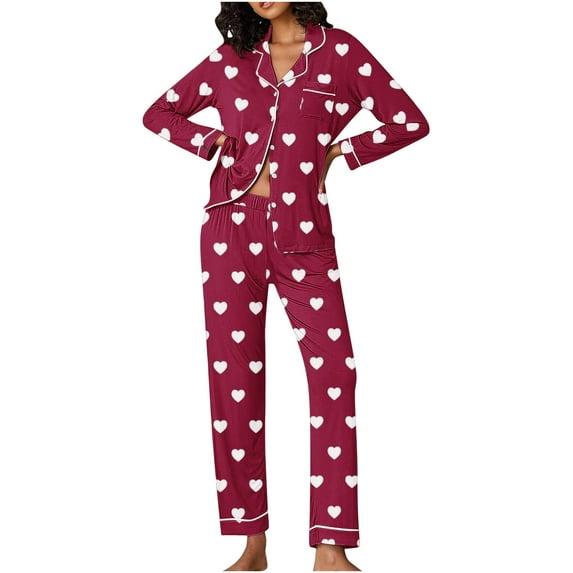 Wyongtao Button Up Pajama Set for Women Valentine's Day Long Sleeve Shirt and Pajama Pants Soft Pjs Lounge Sets,Wine XXL