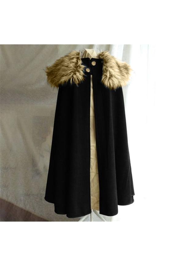 Cloak Coat for Men, Mens Winter Warm Wool Faux Fur Collar Long Cape Cloak Vintage Coat Irregular Hem Hoodie,Black XXXL