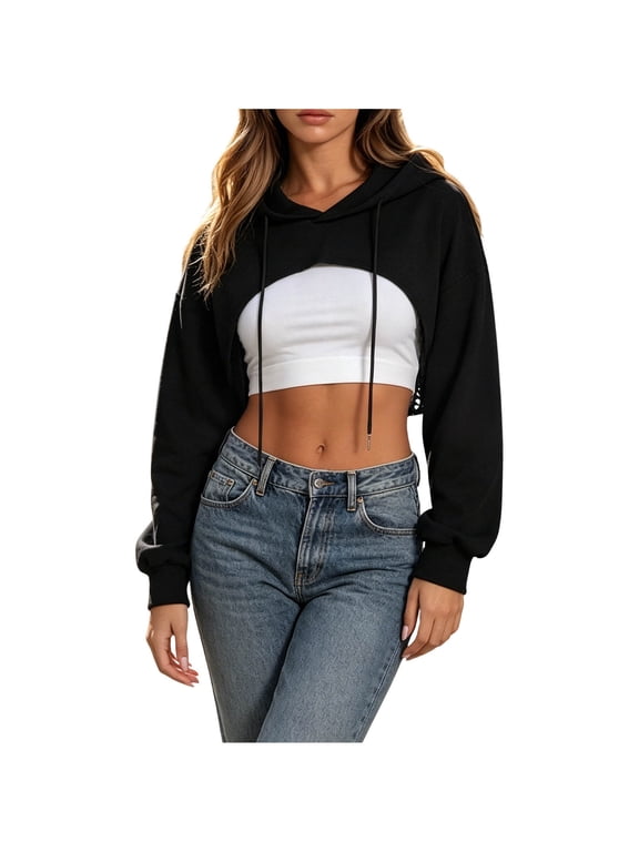 Cutout Crop Hoodie for Women Trendy Super Cropped Drawstring Hooded Sweatshirt Long Sleeve Y2k Tops (XL, Black)
