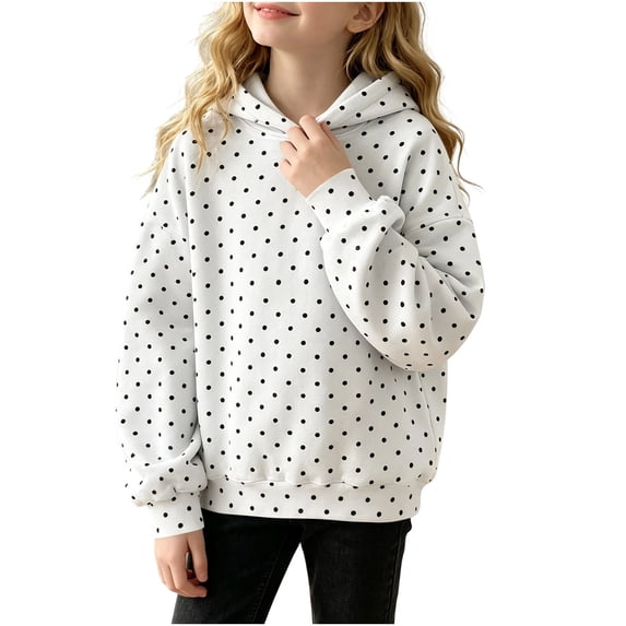 Wyongtao Kids Girls Polka Dots Hoodie Long Sleeve Hooded Sweatshirt Classic Cute Solid Color Fall Winter Pullover (170, White)