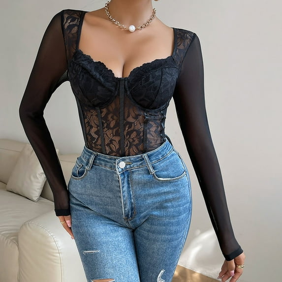 Wyongtao Lace Shapewear Bodysuit Women V Neck Tummy Control Backless Long Sleeve Tops Body Suit Thongs,Black M
