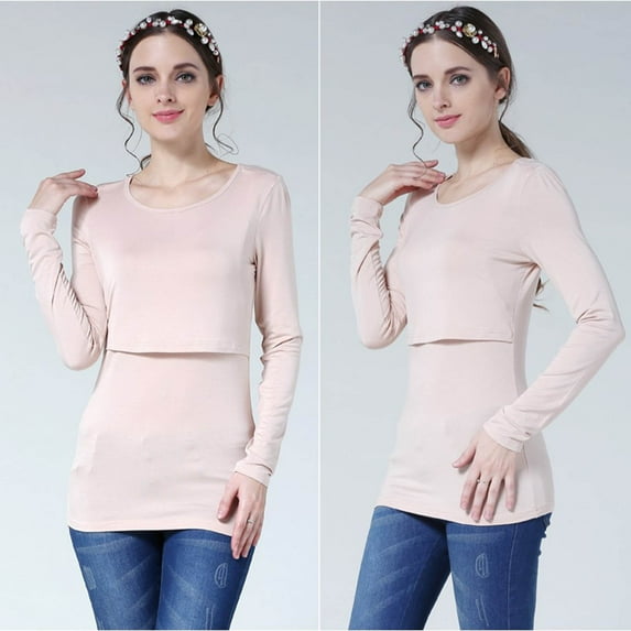 Wyongtao Maternity Shirt Crew Neck Solid Long Sleeve Casual Tops Slim Fitted Maternity Blouse Pregnant Shirt,Beige