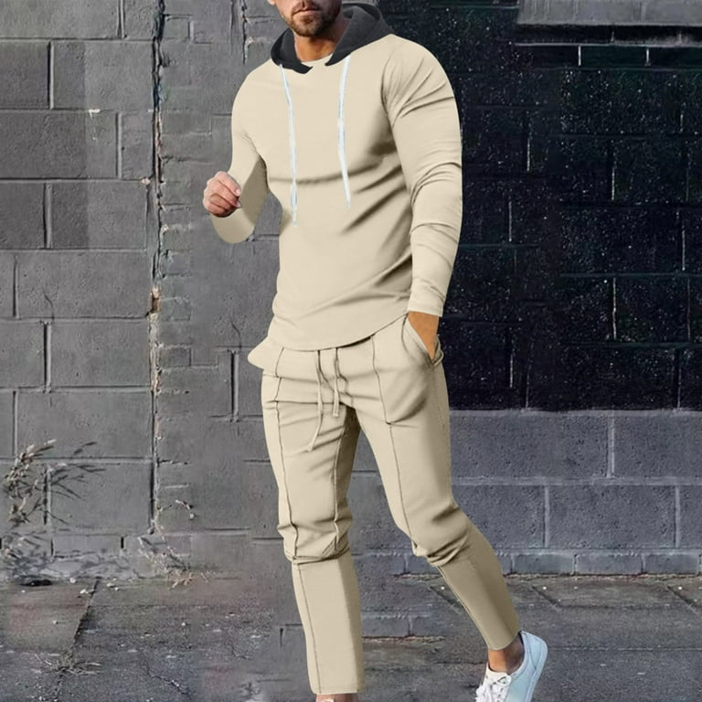 Wyongtao Men s 2 Piece Outfits Patchwork Color Hoodie Sweatshirt Tracksuit and Joggers Sweatpants Sweatsuit Set Khaki L Size Large Beige