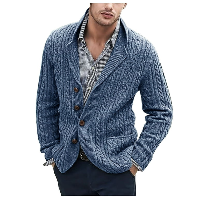 Wyongtao Men s Cardigan Sweater Casual Long Sleeve Shawl Collar Buttons Down Cable Knit Cardigans with Pockets Navy 3XL