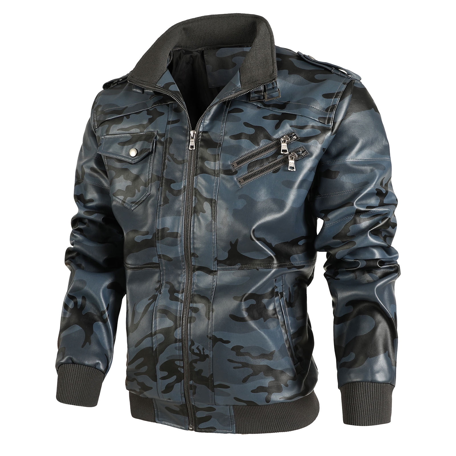 Wyongtao Men s Faux Leather Jacket Warm Cotton Motorcycle Jacket Waterproof Windproof PU Moto Vintage Bomber Jackets Dark Blue XXL