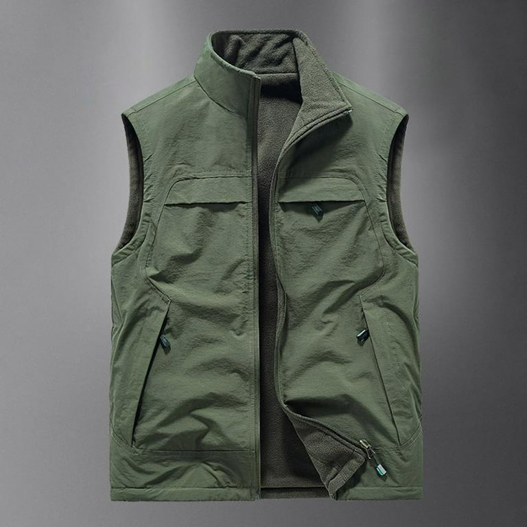 Wyongtao Men's Fleece Fishing Vest Outdoor Work Quick-Dry Hunting Zip  Reversible Travel Vest Jacket with Multi Pockets,Army Green XXXXL 