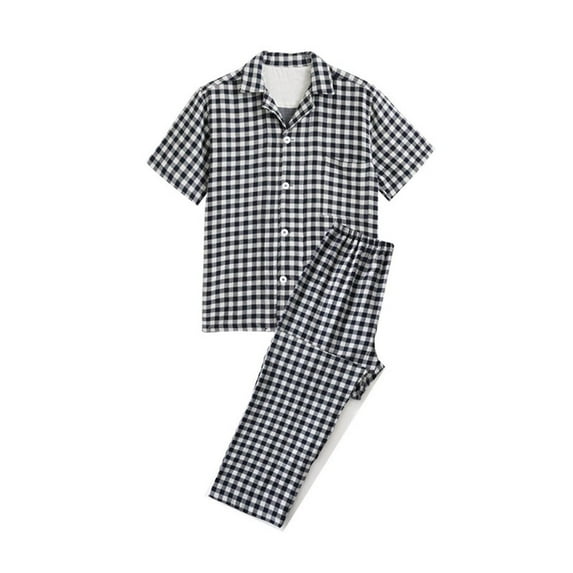 Wyongtao Men's Pajamas Set Short Sleeve Sleepwear Button Down Plaid Nightwear Pj Sets,Navy XL