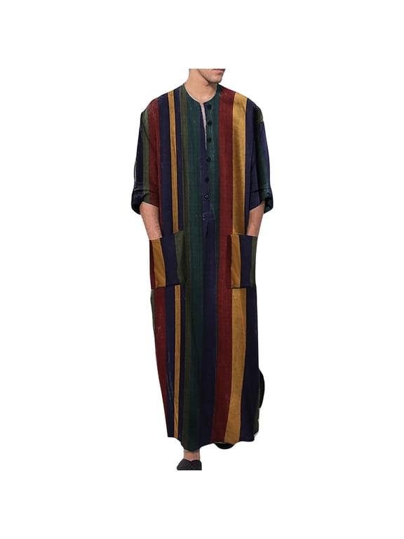 Men's Stripe Print Robes 3/4 Sleeve Kaftan Thobe Side Split Caftan with Pockets Long Gown Thobe,Yellow XL