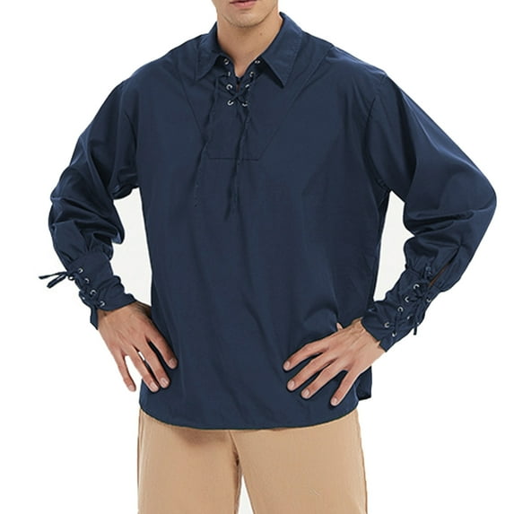 Wyongtao Men's T-Shirts Casual Retro Strap Long Sleeved Lace Up Beach Hippie Tops Renaissance Pirate Tunic,Blue XL