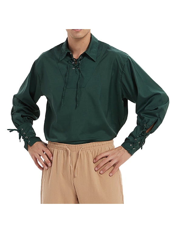 Men's T-Shirts Casual Retro Strap Long Sleeved Lace Up Beach Hippie Tops Renaissance Pirate Tunic,Green XL