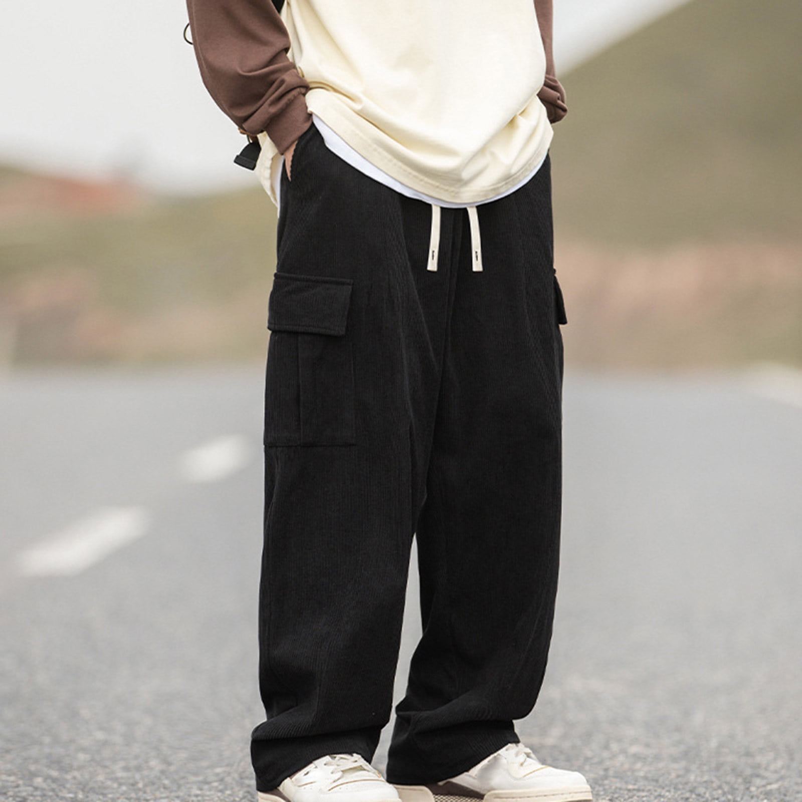 Wyongtao Mens Corduroy Cargo Pants Drawstring Elastic Waist