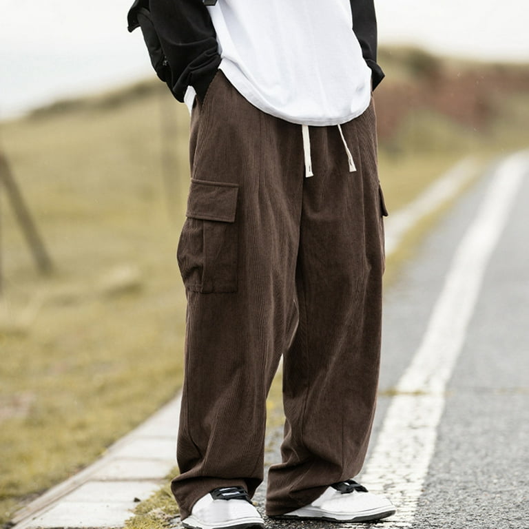 【U LAN】GT Corduroy Cargo String Pants Wyongtao Mens Corduroy Cargo Pants Drawstring Elastic Waist
