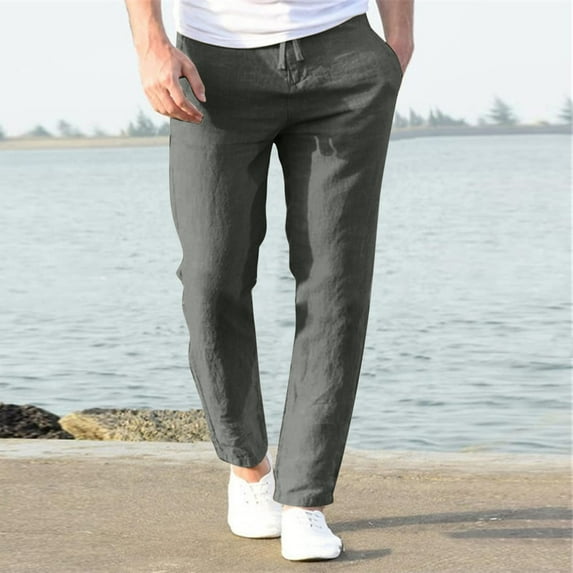Wyongtao Mens Cotton Linen Drawstring Pants Elastic Waist Casual Jogger Yoga Pants with Pocket,Dark Gray XXL