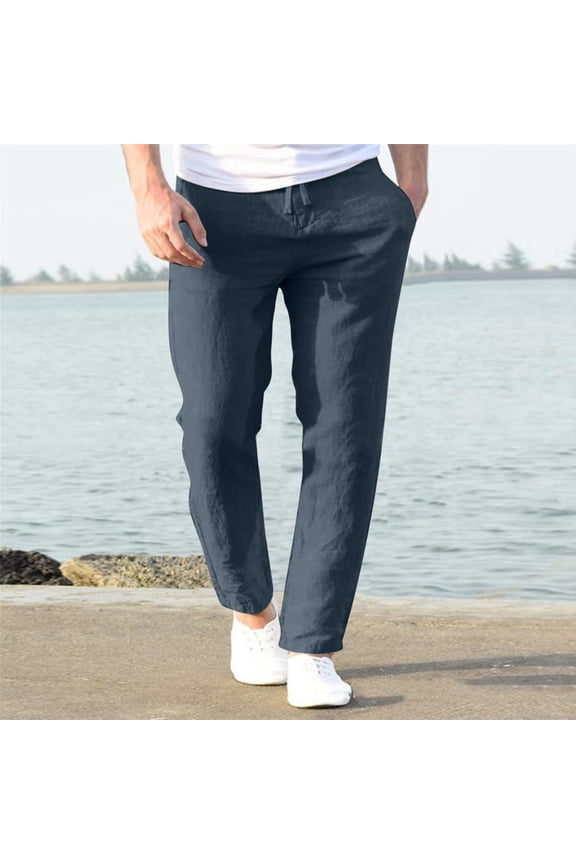 Mens Cotton Linen Drawstring Pants Elastic Waist Casual Jogger Yoga Pants with Pocket,Navy L
