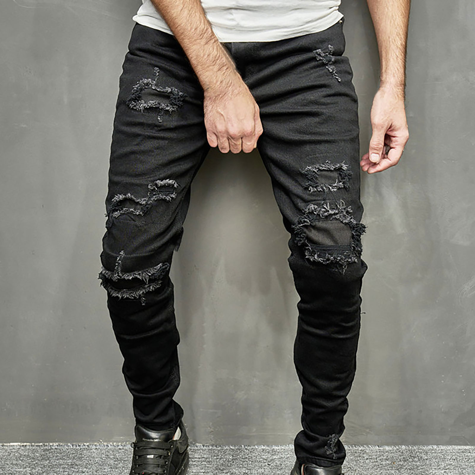 Wyongtao Mens Ripped Jeans Biker Leg Fashion Skinny Fit Stretch Slim Destroyed Denim Jeans Black M Walmart