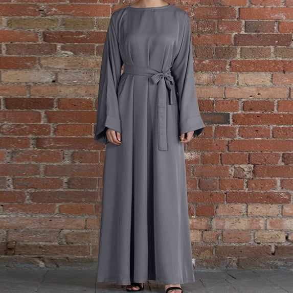 Wyongtao Muslim Dresses for Women 2024 Long Sleeve Crewneck Swing Dress Casual Flowy Tiered Maxi Dress Gray L