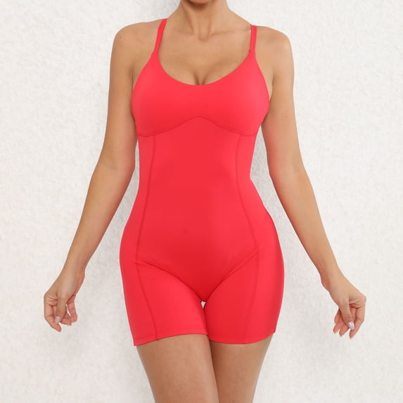 Wyongtao One Piece Jumpsuits for Women Tummy Control Backless Body Suits Workout Athletic Romper Yoga Playsuit,Red L