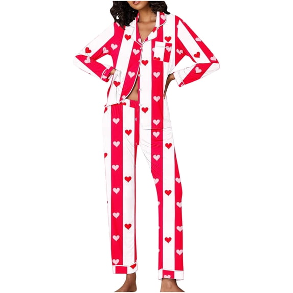 Wyongtao Pajama Set for Women Long Sleeve Button Up Shirt and Pajama Pants Soft Hearts Striped Print Pjs Lounge Sets,Red M