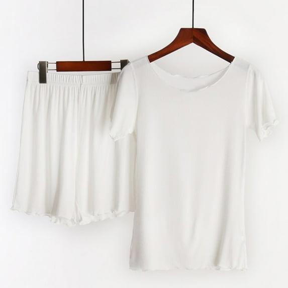 Wyongtao Pajamas for Women Short Sleeve Sleepwear Two Piece Pj Sets with Ribbed Seamless Ruffled Shorts Casual Loungewear,White XL
