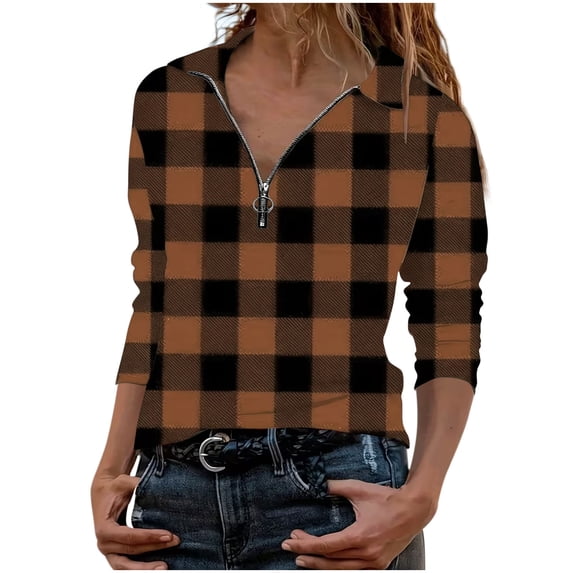 Wyongtao Plaid 1/4 Zip Pullover Tops V Neck Blouse for Women Long Sleeve Lapel Collar Loose Spring Fall Shirts (S, Brown)