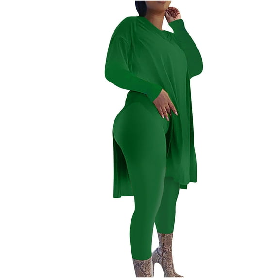 Wyongtao Plus Size 2 Piece Outfits Women's Long Sleeve V Neck Tunic Top And Bodycon Stacked Legging Tracksuit Sets Green XXL
