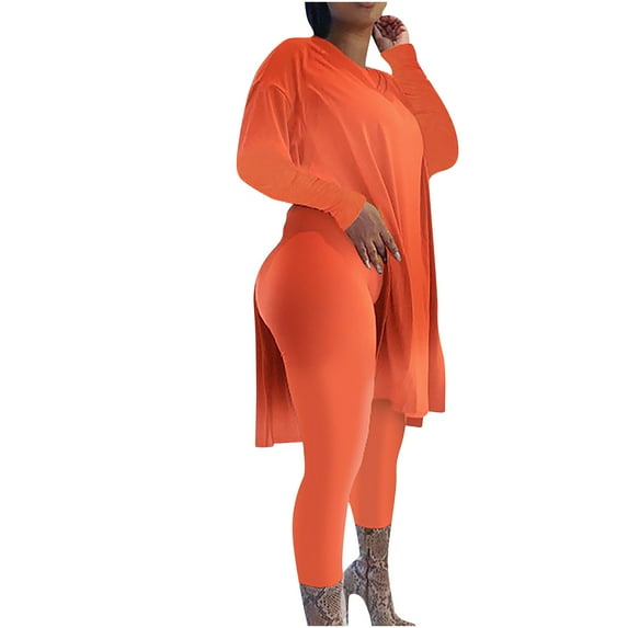Wyongtao Plus Size 2 Piece Outfits Women's Long Sleeve V Neck Tunic Top And Bodycon Stacked Legging Tracksuit Sets Orange XXL