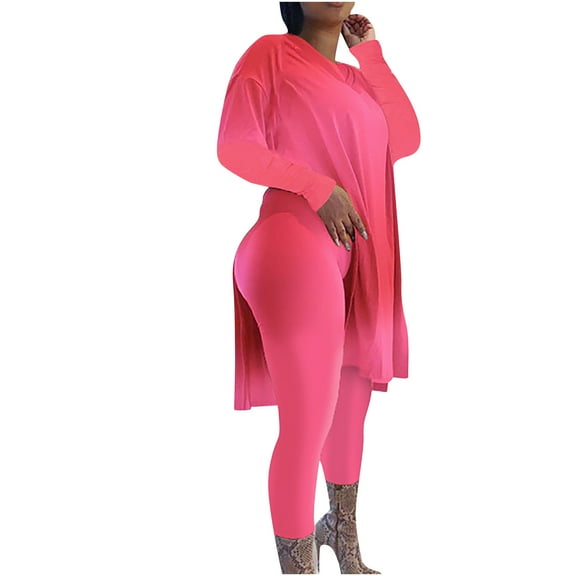 Wyongtao Plus Size 2 Piece Outfits Women's Long Sleeve V Neck Tunic Top And Bodycon Stacked Legging Tracksuit Sets Pink XXL