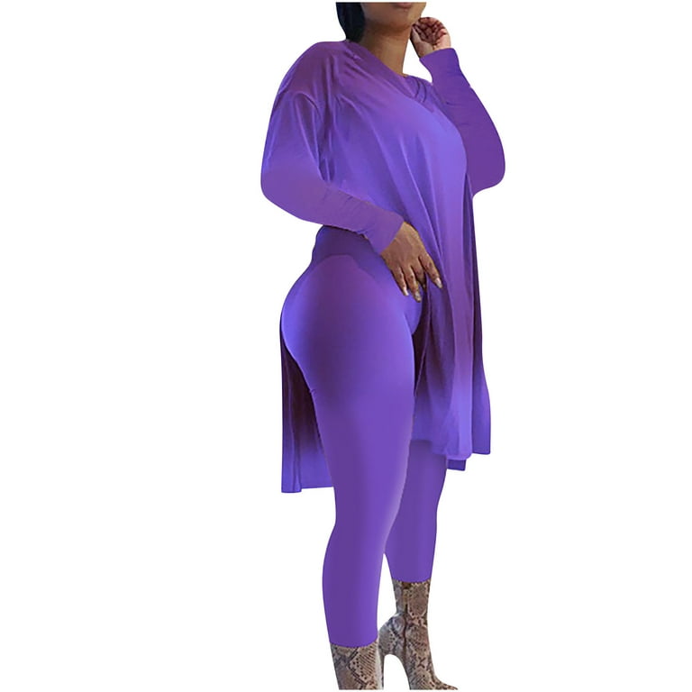 Wyongtao Plus Size 2 Piece Outfits Women's Long Sleeve V Neck Tunic Top And  Bodycon Stacked Legging Tracksuit Sets Purple XXL 