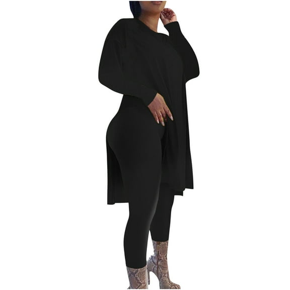 Wyongtao Plus Size 2 Piece Outfits Women's Long Sleeve V Neck Tunic Top and Bodycon Stacked Legging Tracksuit Sets,Black M