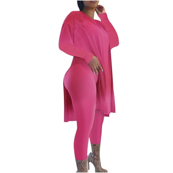 Wyongtao Plus Size 2 Piece Outfits Women's Long Sleeve V Neck Tunic Top and Bodycon Stacked Legging Tracksuit Sets,Hot Pink S