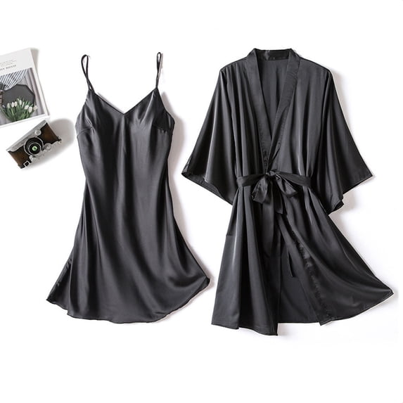 Wyongtao Sleepwear Women's Satin Nightgown with Robes Set 2 Piece Sexy Lace Cami Nightwear,Black S