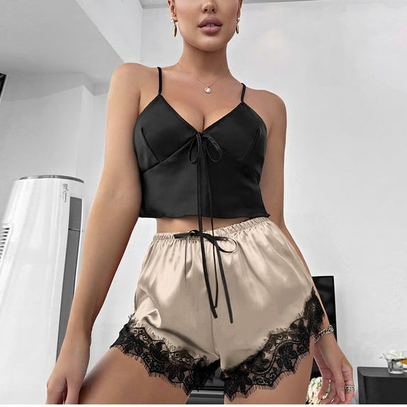 Wyongtao Women 2 Piece Cami Pajama Set Silk Satin Sleepwear Lace Trim Short Pjs Set with Shorts,Khaki L