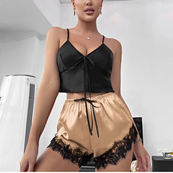 Wyongtao Women 2 Piece Cami Pajama Set Silk Satin Sleepwear Lace Trim Short Pjs Set with Shorts,Rose Gold XL