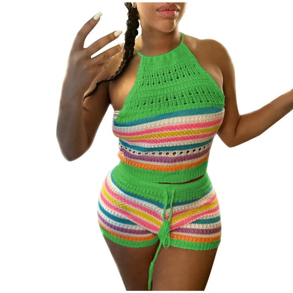 Wyongtao Women 2 Piece Summer Outfits Cutout Backless Halter Neck Crop Tops and Bodycon Skirt for Streetwear Aesthetic Clothes,Green S