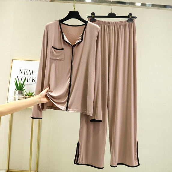 Wyongtao Women Pajamas Set Notch Collar Soft Sleepwear Pjs Long Sleeve Button Down Nightwear with Long Pants,Khaki XL