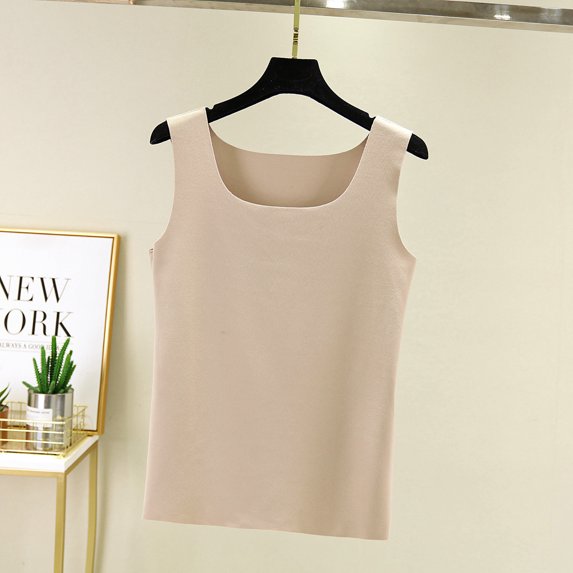 Wyongtao Women Tank Tops with Built-in Padded Bra Velvet Thick Basic Cami Top Slim Knit Racerback Undershirt,Khaki L