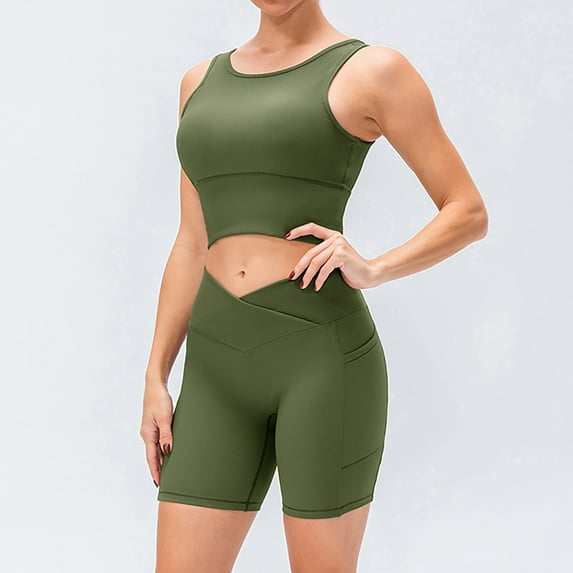 Wyongtao Women Workout Sets 2 Piece Yoga Outfits Seamless Ribbed Sports Bra Crop Tank Top High Waist Biker Shorts Exercise Set,Green XL