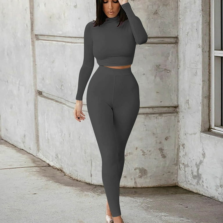 Wyongtao Women Workout Sets 2 Pieces Long Sleeve Yoga Outfits Gym Clothes  Seamless Ribbed Crop Top High Waist Leggings,Dark Gray S 