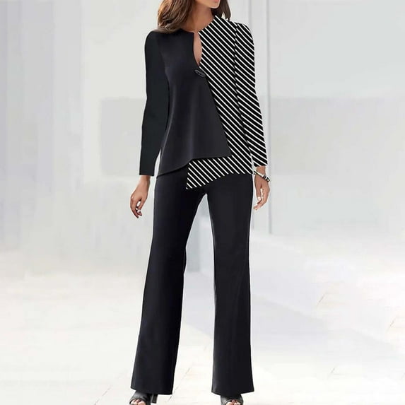 Wyongtao Women's 2 Piece Outfits 2024 Fall Casual Long Sleeve Wrap Blouse Wide Leg Pants Sets for Work Business,Black XXL