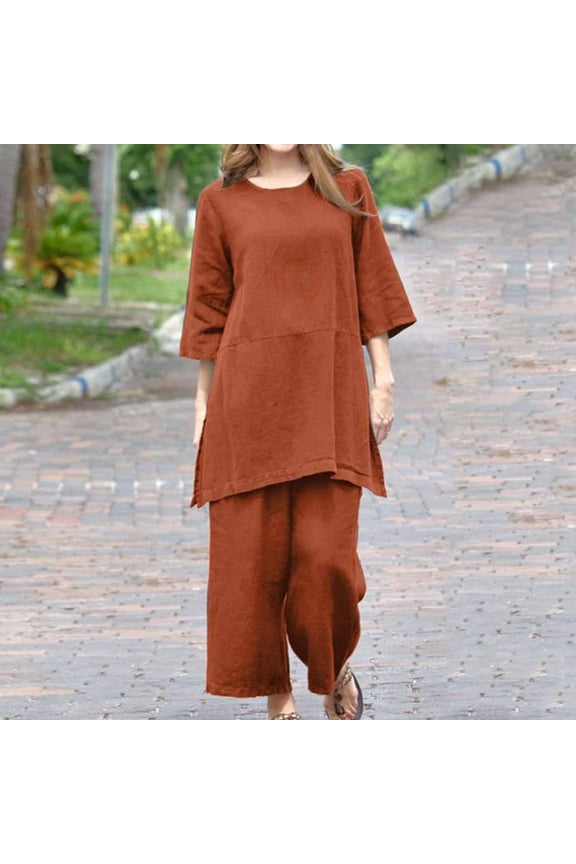Women's 2 Piece Outfits Plus Size Cotton Linen Short Sleeve Tops and Elastic Waist Pants Set,Orange L